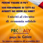 Locandina Promozionale del Circuito Economico Solidale con la "moneta scambio" il GAIAX di PROITALY