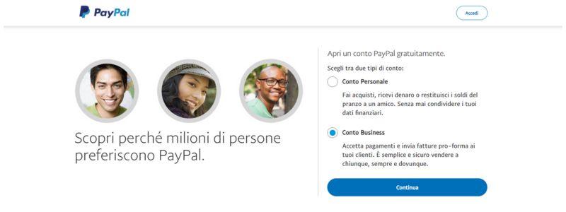 Pagina di registrazione PayPal