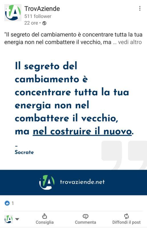 Un post su LinkedIn di TrovAziende con una citazione motivazionale sull'innovazione e il cambiamento, accompagnato dal logo dell'azienda.