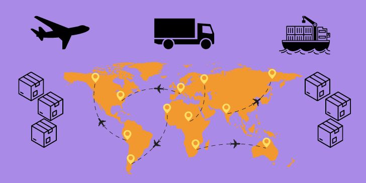 Immagine che rappresenta trasporti e logistica, con mappa collegata in vari punti, aereo, camion, nave e pacchi.