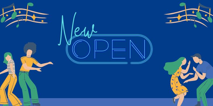 Sfondo Blu, disegno di persone che ballano e scritta centrale "new open"