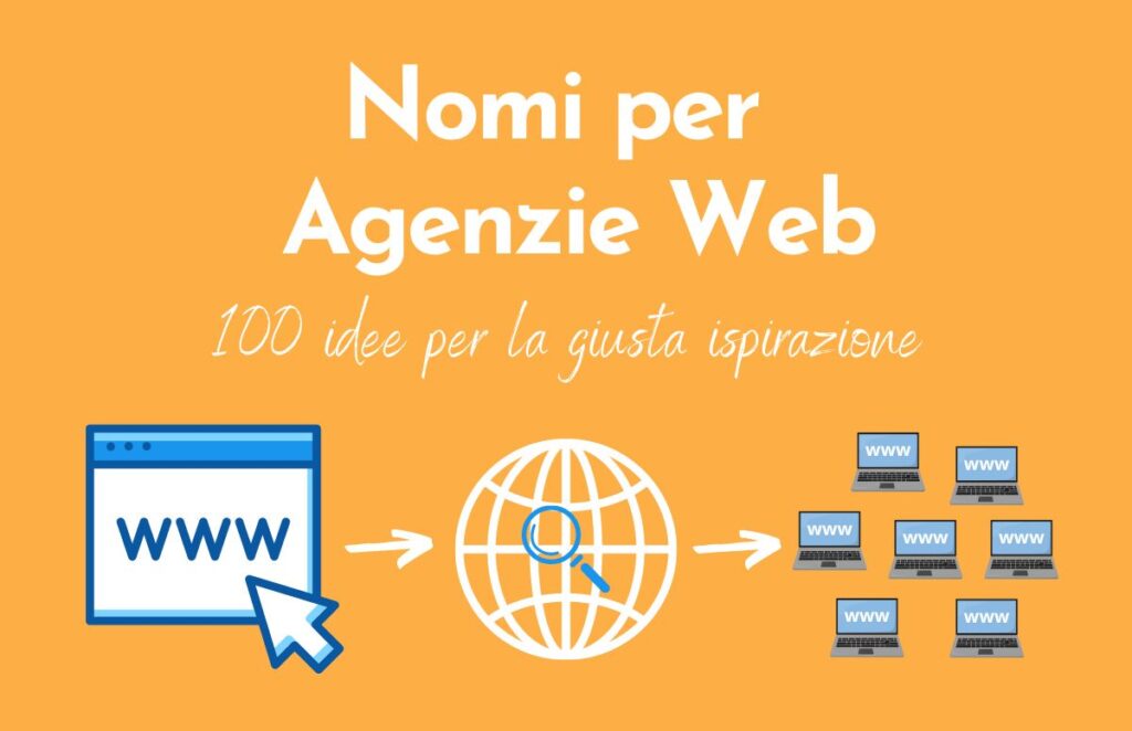 Sfondo arancione, titolo "Nomi per Agenzie Web", immagini di computer che richiamano il settore.